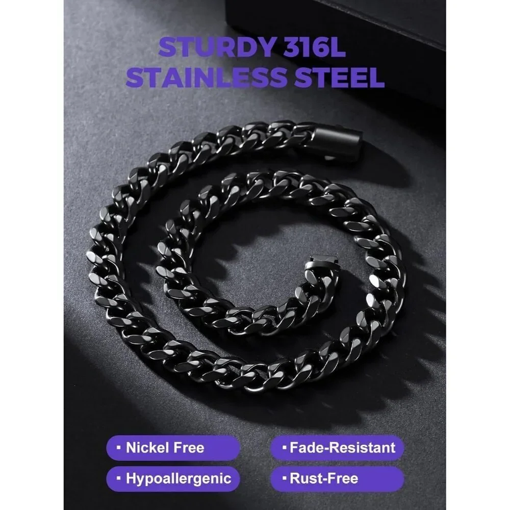 Men's 12MM Width-Black Stainless Steel Miami Cuban Curb Link Chain Necklace